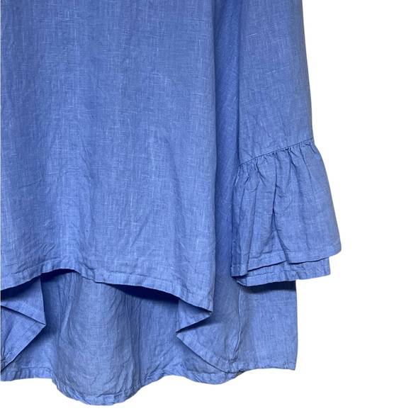 Bryn Walker Fran blue 100% linen ruffle 3/4 sleeve hi low tunic top Lagenlook - Picture 5 of 11